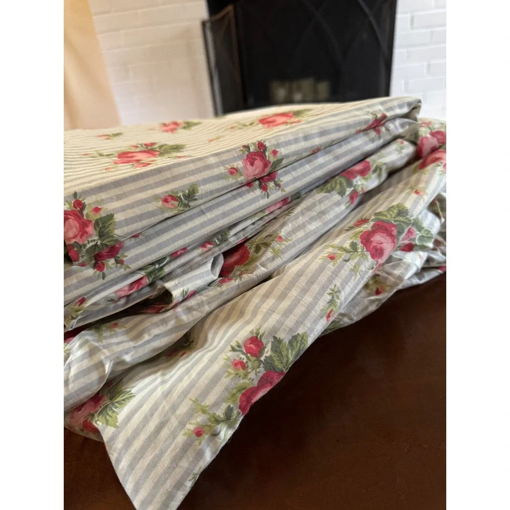 Vintage Ralph Lauren Emma Twin Sheet Set Blue Stripe Rose Floral Cottagecore USA